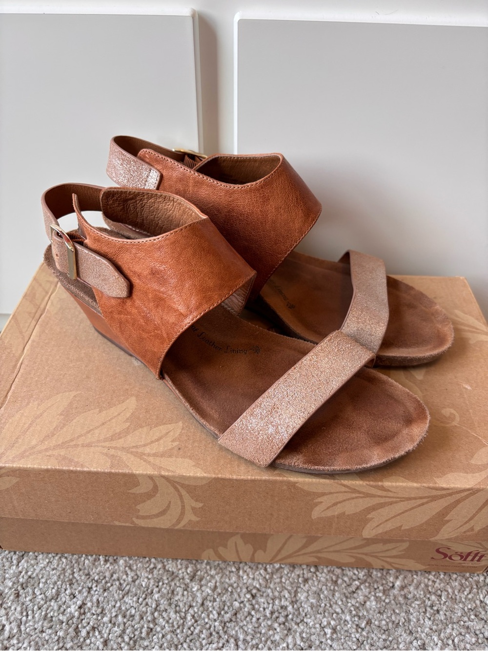 Sofft Brown Leather Open-Toe Sandals Brown Metallic Strap